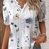 Blusa Floral de Manga Bufante com Renda Frontal