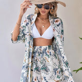 Conjunto 2 Peças Blusa Tropical Gola de Xale