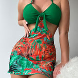 Conjunto de Biquíni 3 Peças Halter Tropical com Saia