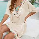 Saída de Praia Vestido Crochê com Meia Manga