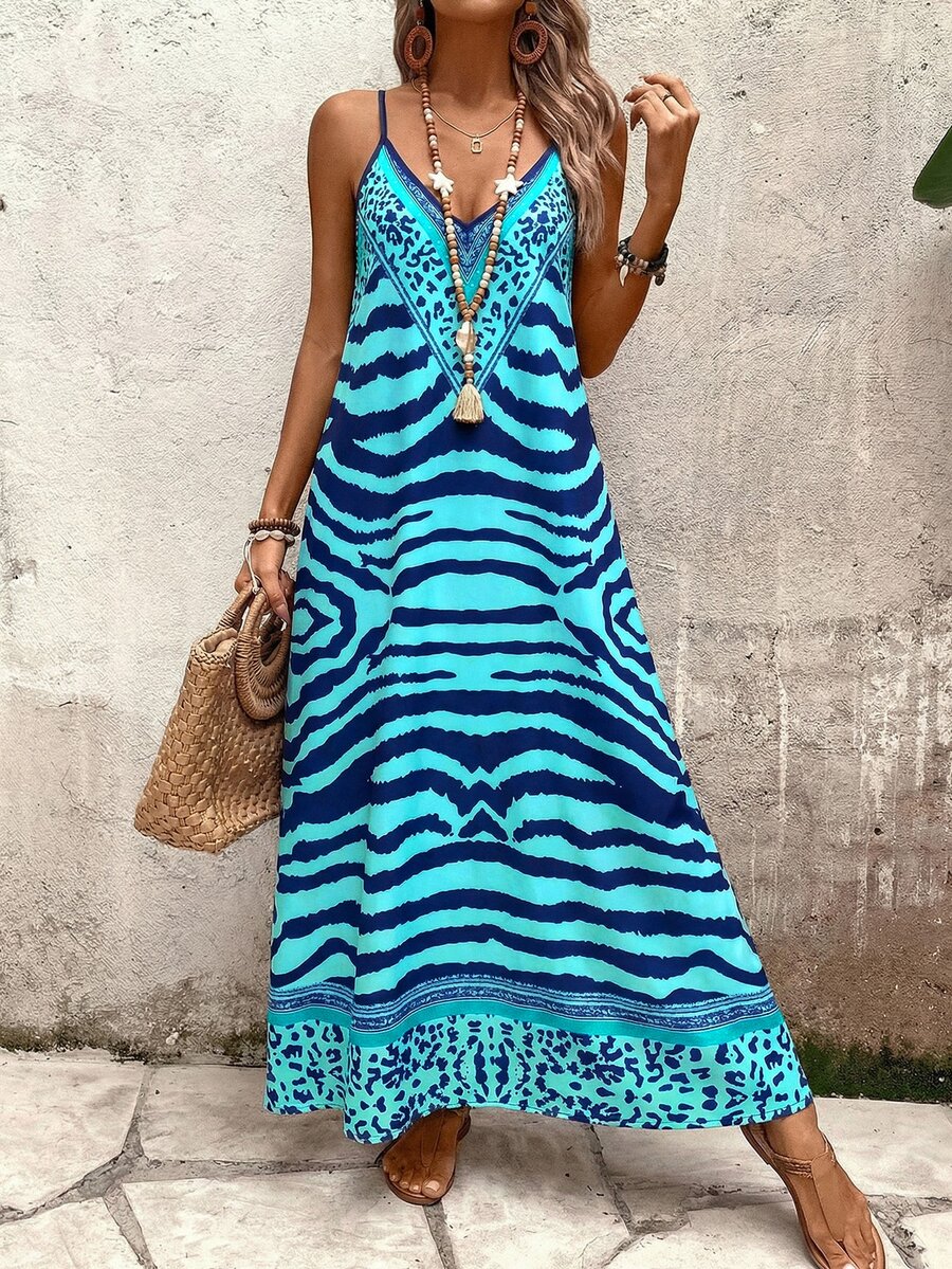 Vestido Longo Estampa de Onça com Alças Finas
