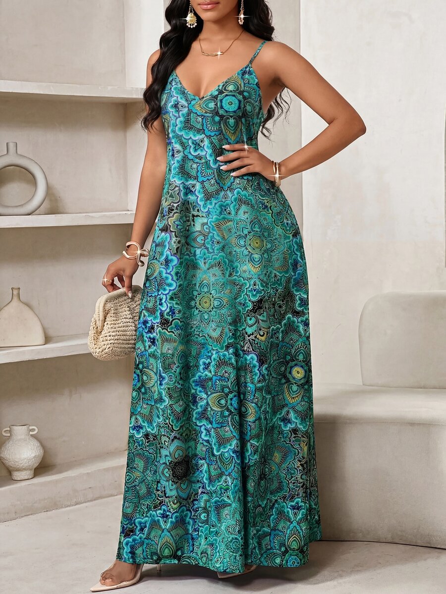 Vestido Longo Floral Decote V com Aplicação de Rosa 3D