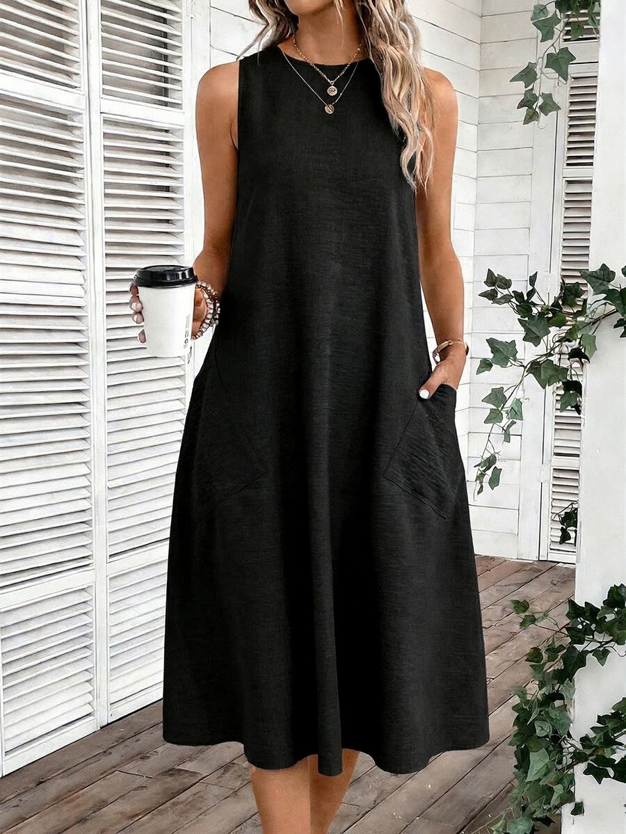 Vestido Midi Sem Mangas com Gola Redonda e Bolsos - La Lecce