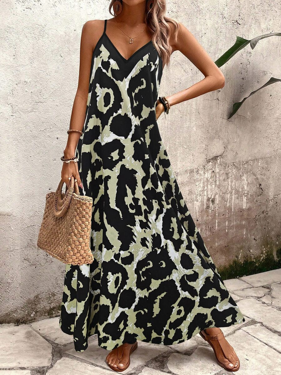 Vestido Longo Estampa de Leopardo com Costas Abertas - La Lecce