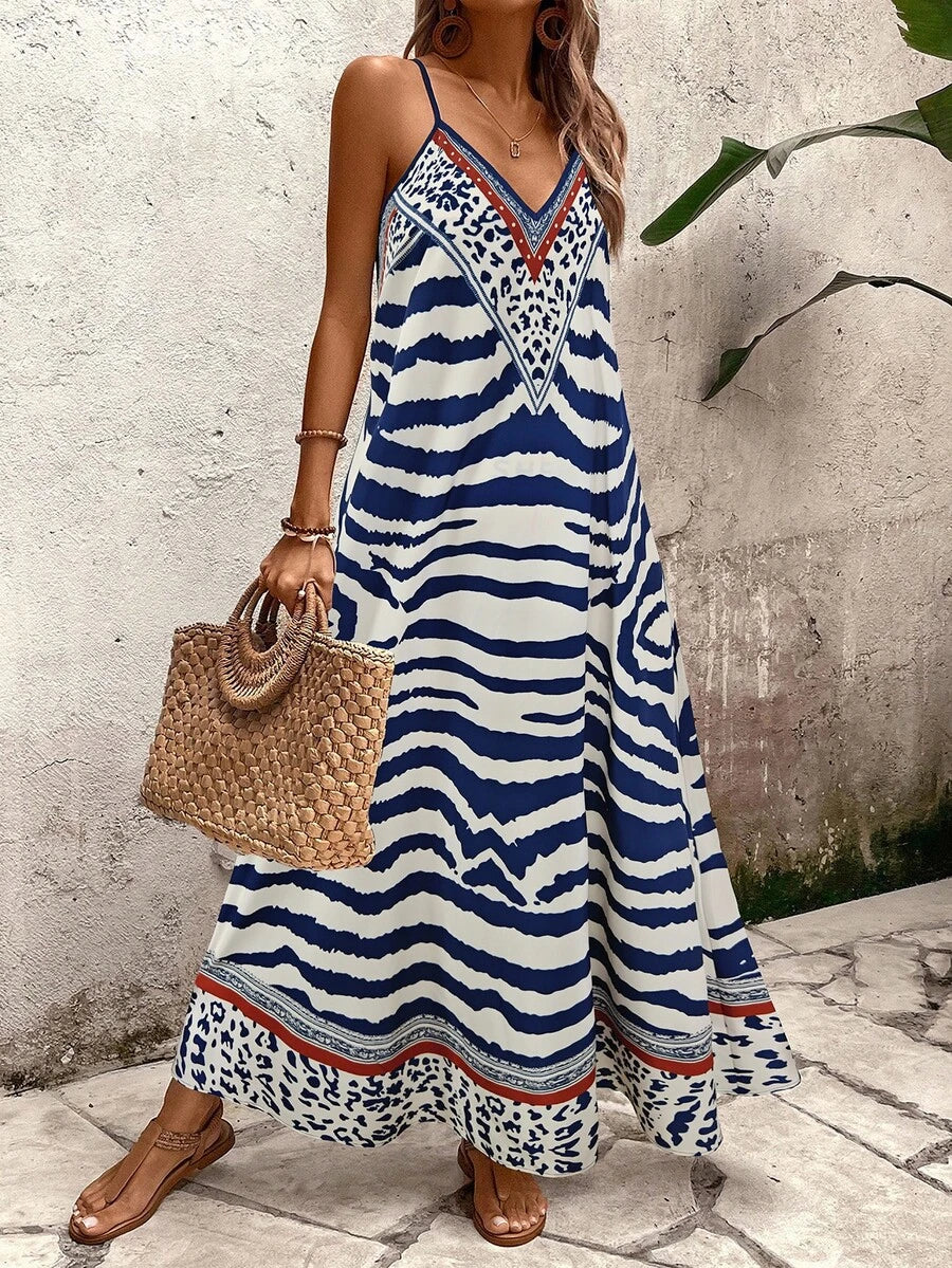 Vestido Longo Estampa de Onça com Alças Finas - La Lecce