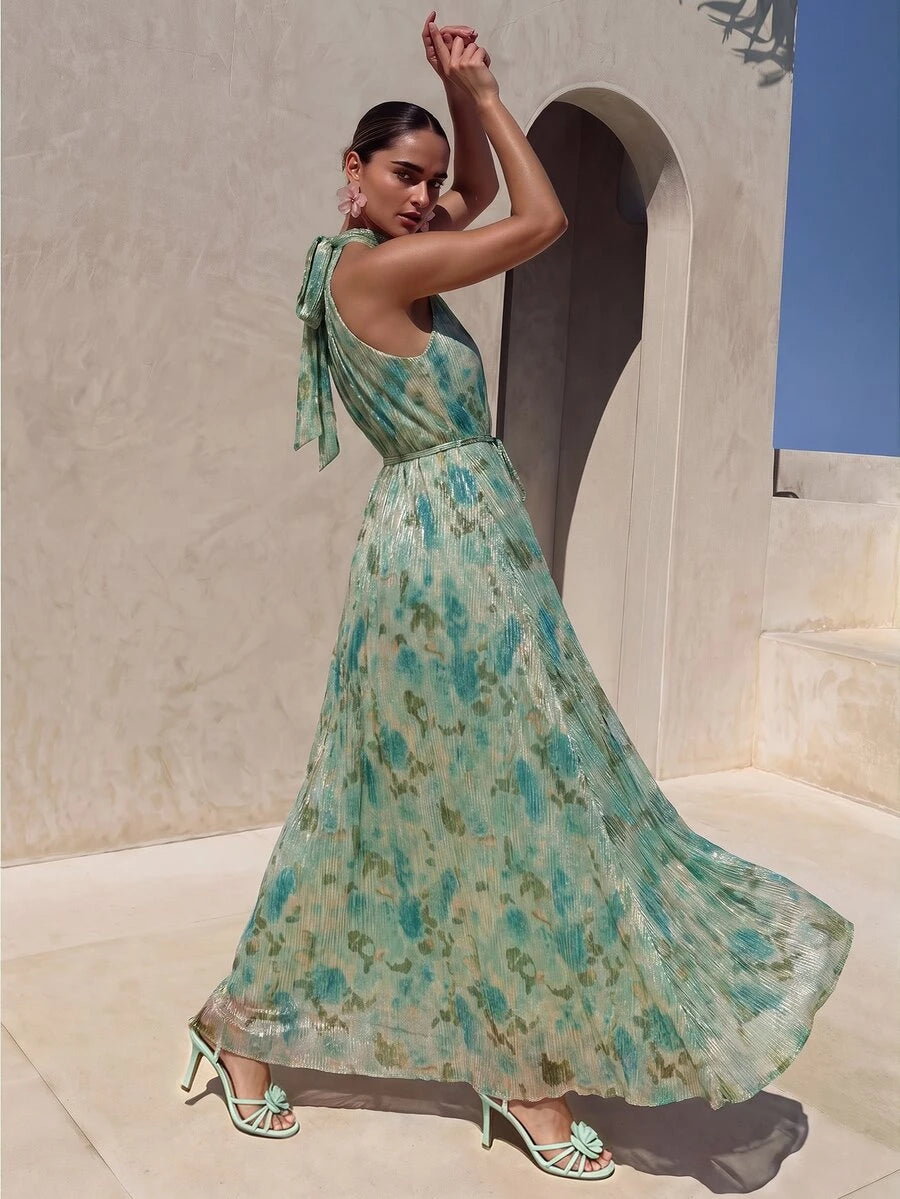 Vestido Longo Floral Frente Única com Cinto - La Lecce