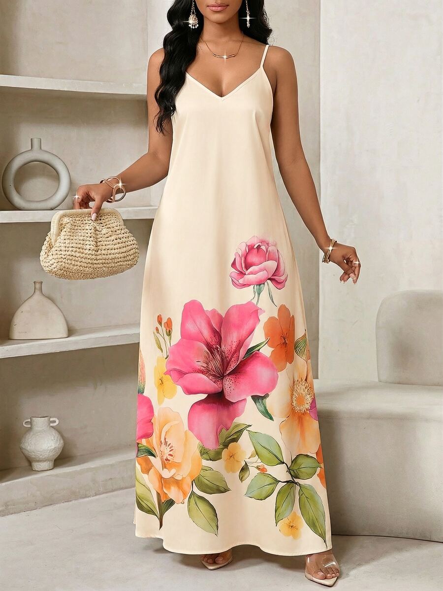 Vestido Longo Floral Decote V com Aplicação de Rosa 3D