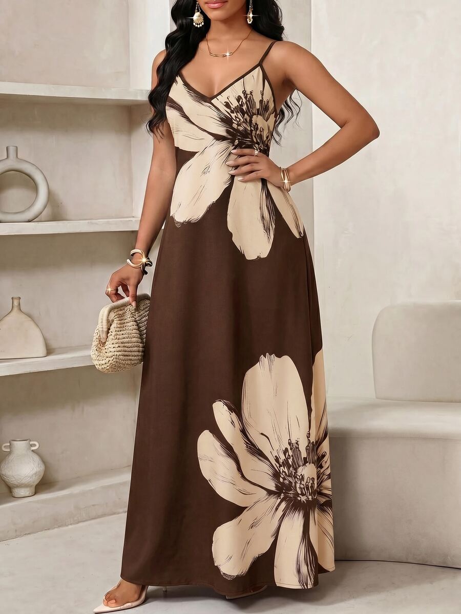 Vestido Longo Floral Decote V com Aplicação de Rosa 3D