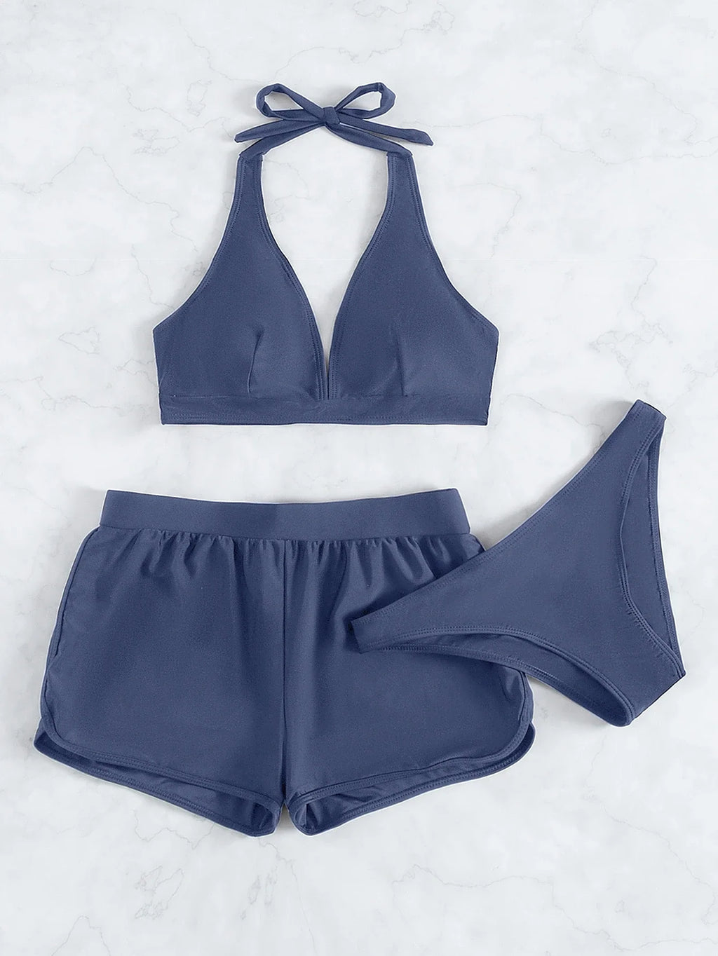 Conjunto de Biquíni Frente-Única com Tie Back e Caleçon 3 Peças