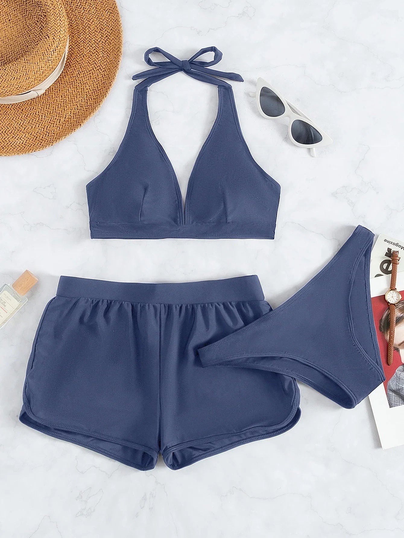 Conjunto de Biquíni Frente-Única com Tie Back e Caleçon 3 Peças