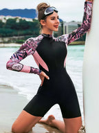 Macacão de Praia Manga Longa com Zíper e Estampa Floral