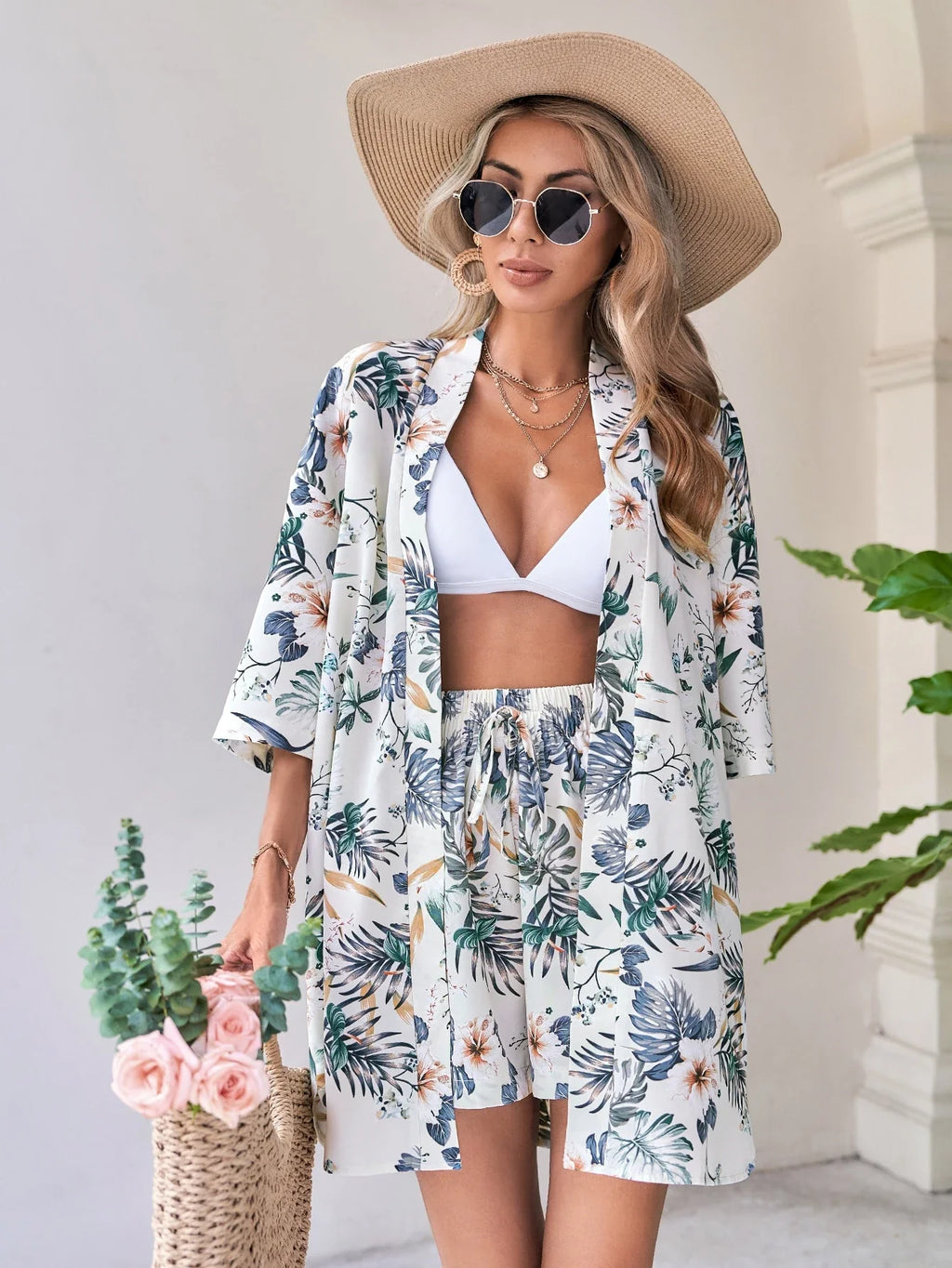 Conjunto 2 Peças Blusa Tropical Gola de Xale