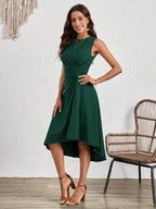 Vestido Midi Evasê com Frente Franzida e Bainha Assimétrica - La Lecce