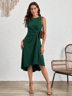 Vestido Midi Evasê com Frente Franzida e Bainha Assimétrica - La Lecce
