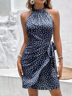 Vestido Curto Estampado Frente Única com Nó e Bainha Assimétrica - La Lecce