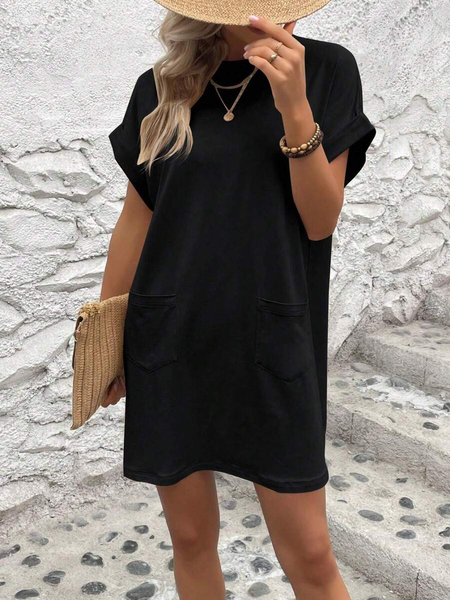 Vestido Curto Camiseta com Bolsos e Manga Morcego - La Lecce