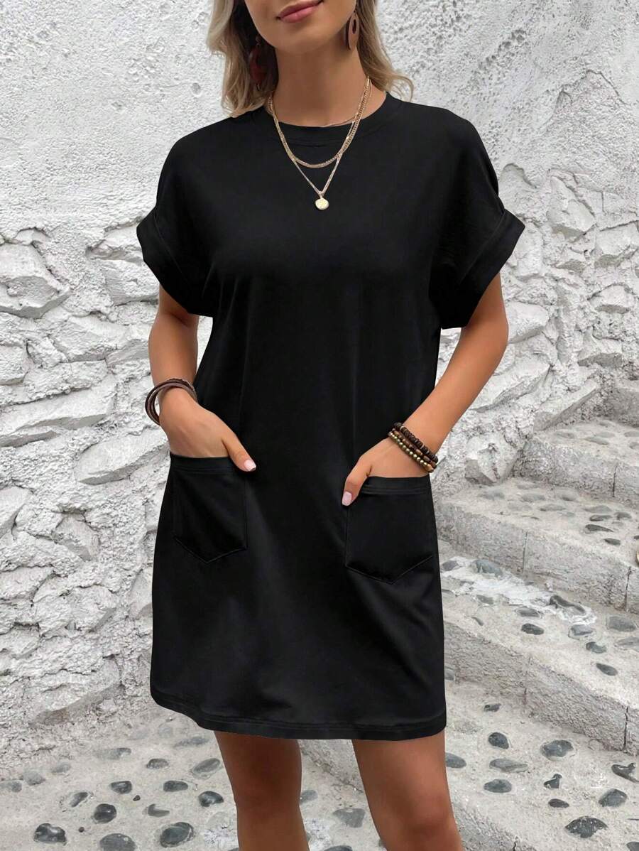 Vestido Curto Camiseta com Bolsos e Manga Morcego - La Lecce