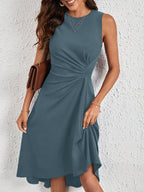 Vestido Midi Evasê com Frente Franzida e Bainha Assimétrica - La Lecce