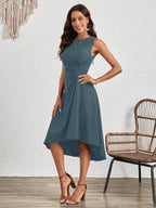 Vestido Midi Evasê com Frente Franzida e Bainha Assimétrica - La Lecce
