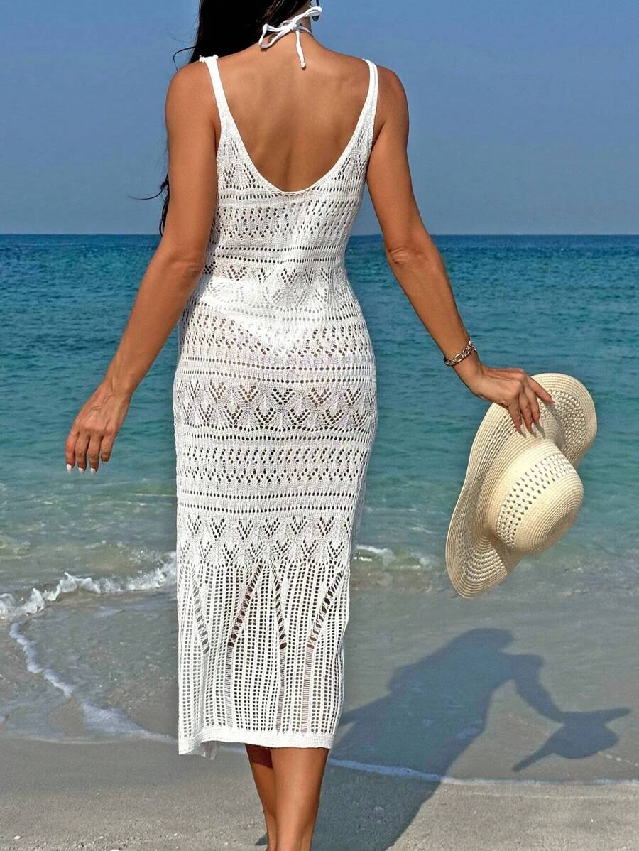 Vestido Saída de Praia Longo Transpassado em Tricô Vazado - La Lecce