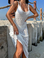 Vestido Saída de Praia Longo Transpassado em Tricô Vazado - La Lecce