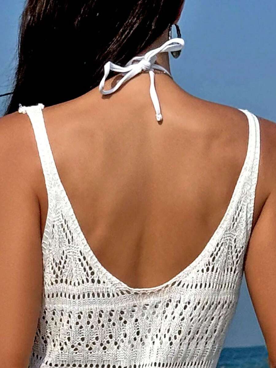 Vestido Saída de Praia Longo Transpassado em Tricô Vazado - La Lecce