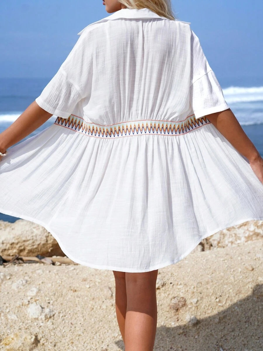 Vestido Saída de Praia Midi com Botões e Cintura Franzida - La Lecce