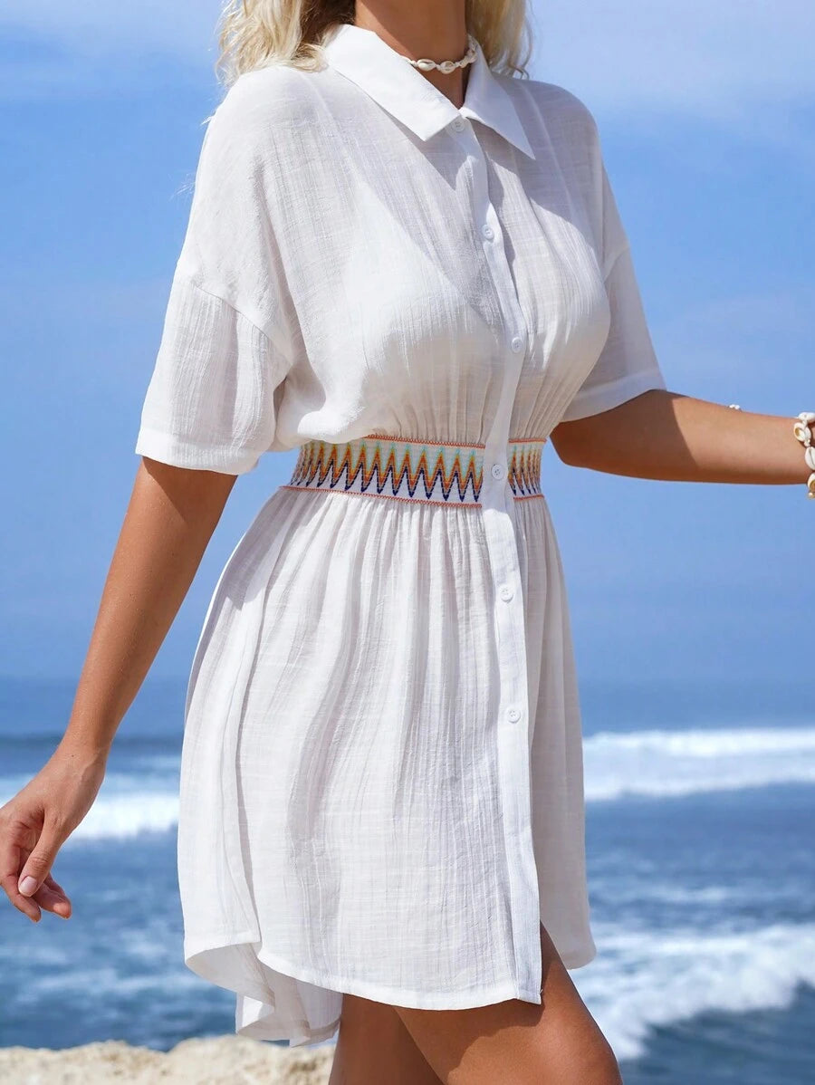 Vestido Saída de Praia Midi com Botões e Cintura Franzida - La Lecce