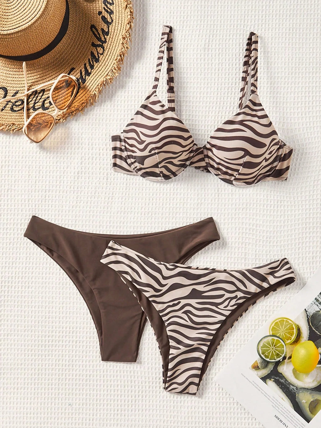 Conjunto Biquíni 3 Peças Zebrado com Tie Back