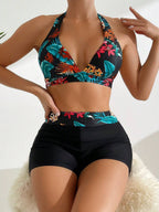 Conjunto de Biquíni Tropical com Decote Halter e Shorts