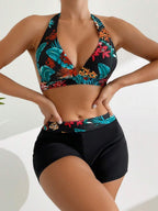Conjunto de Biquíni Tropical com Decote Halter e Shorts