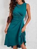 Vestido Midi Evasê com Frente Franzida e Bainha Assimétrica - La Lecce