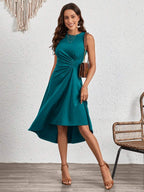Vestido Midi Evasê com Frente Franzida e Bainha Assimétrica - La Lecce
