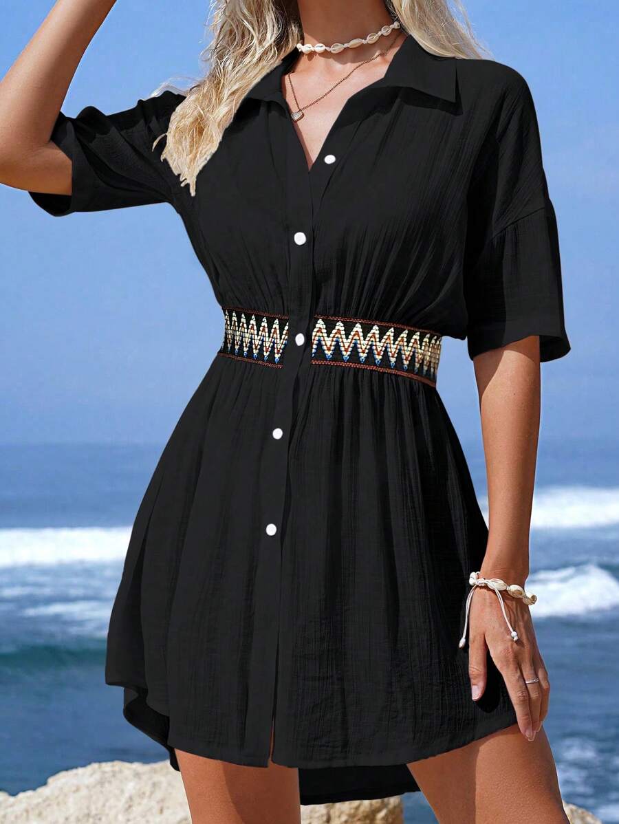 Vestido Saída de Praia Midi com Botões e Cintura Franzida - La Lecce