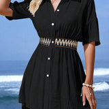 Vestido Saída de Praia Midi com Botões e Cintura Franzida