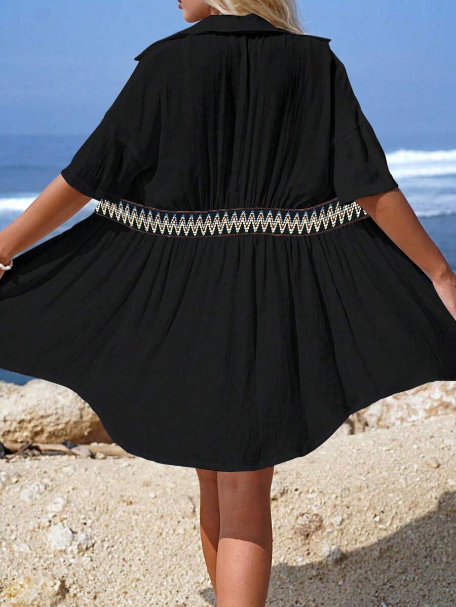 Vestido Saída de Praia Midi com Botões e Cintura Franzida - La Lecce