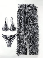 Conjunto de Biquíni 3 Peças Decote V com Cordão Plissado