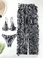 Conjunto de Biquíni 3 Peças Decote V com Cordão Plissado