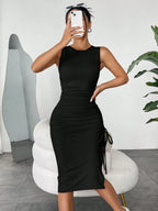 Vestido Midi Justo com Cordão e Fenda Lateral - La Lecce