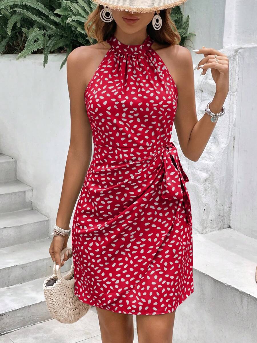 Vestido Curto Estampado Frente Única com Nó e Bainha Assimétrica - La Lecce