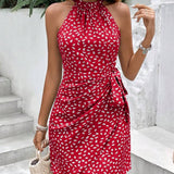 Vestido Curto Estampado Frente Única com Nó e Bainha Assimétrica