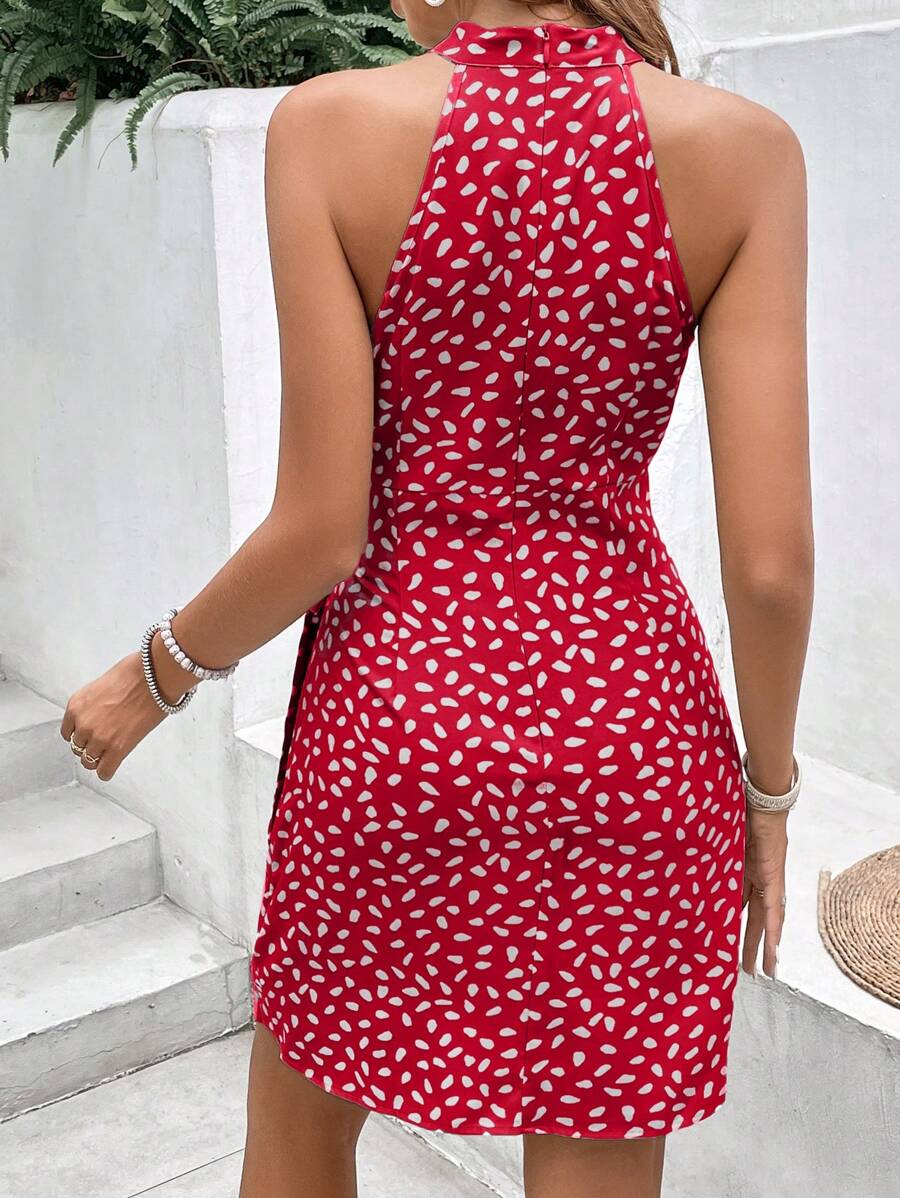 Vestido Curto Estampado Frente Única com Nó e Bainha Assimétrica - La Lecce