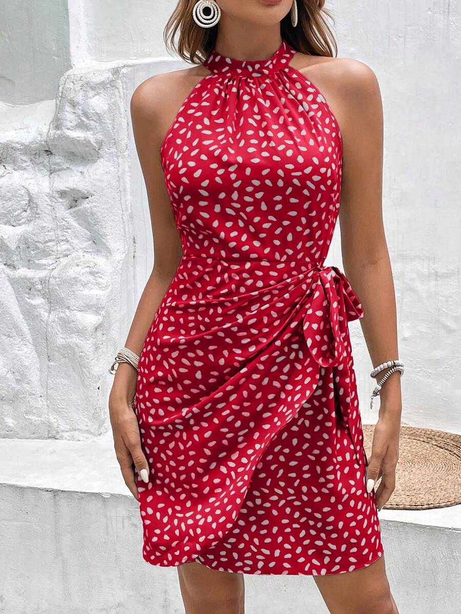 Vestido Curto Estampado Frente Única com Nó e Bainha Assimétrica - La Lecce