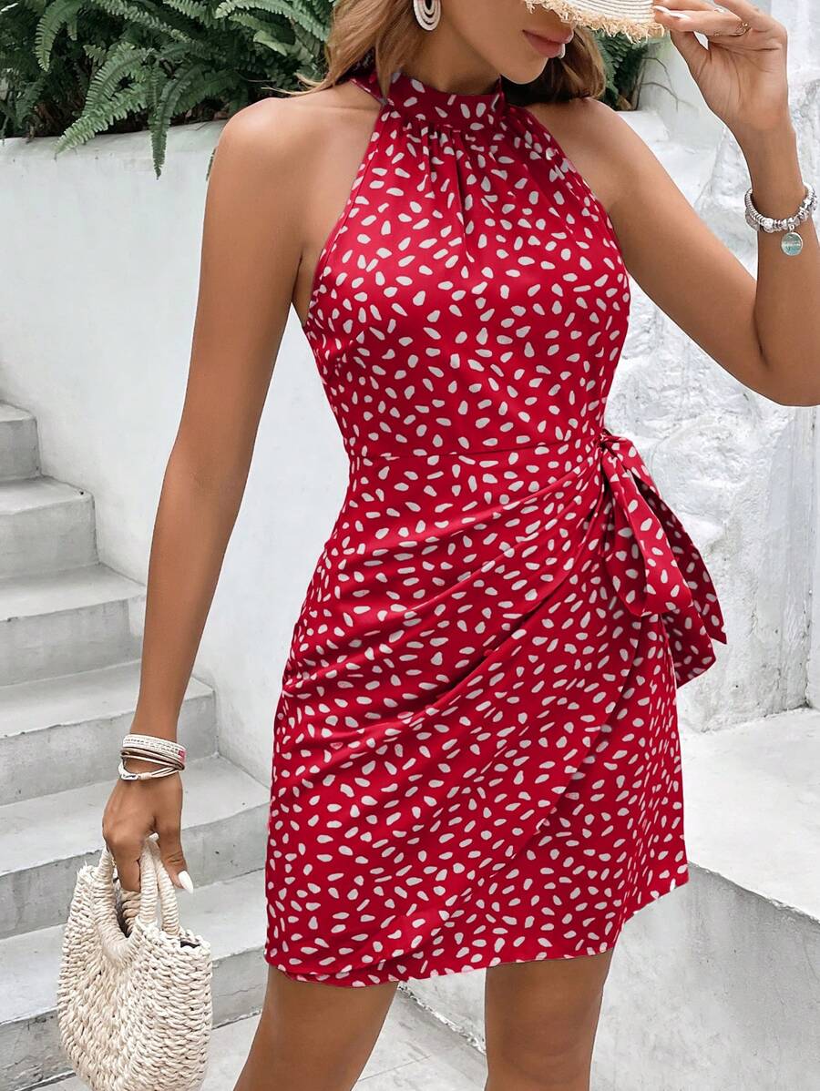 Vestido Curto Estampado Frente Única com Nó e Bainha Assimétrica - La Lecce
