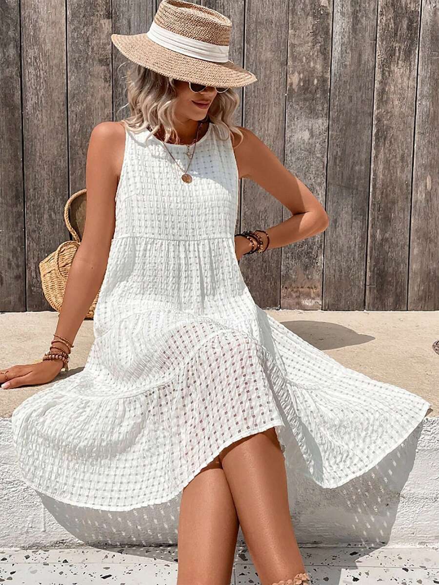 Vestido Midi Solto com Gola Redonda e Barra com Babado - La Lecce