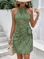 Vestido Curto Estampado Frente Única com Nó e Bainha Assimétrica - La Lecce