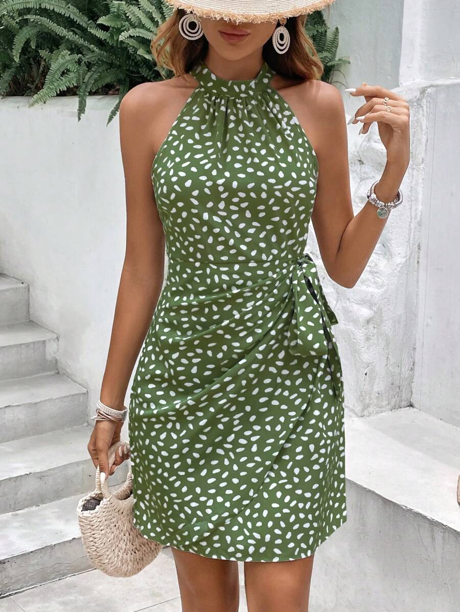 Vestido Curto Estampado Frente Única com Nó e Bainha Assimétrica - La Lecce