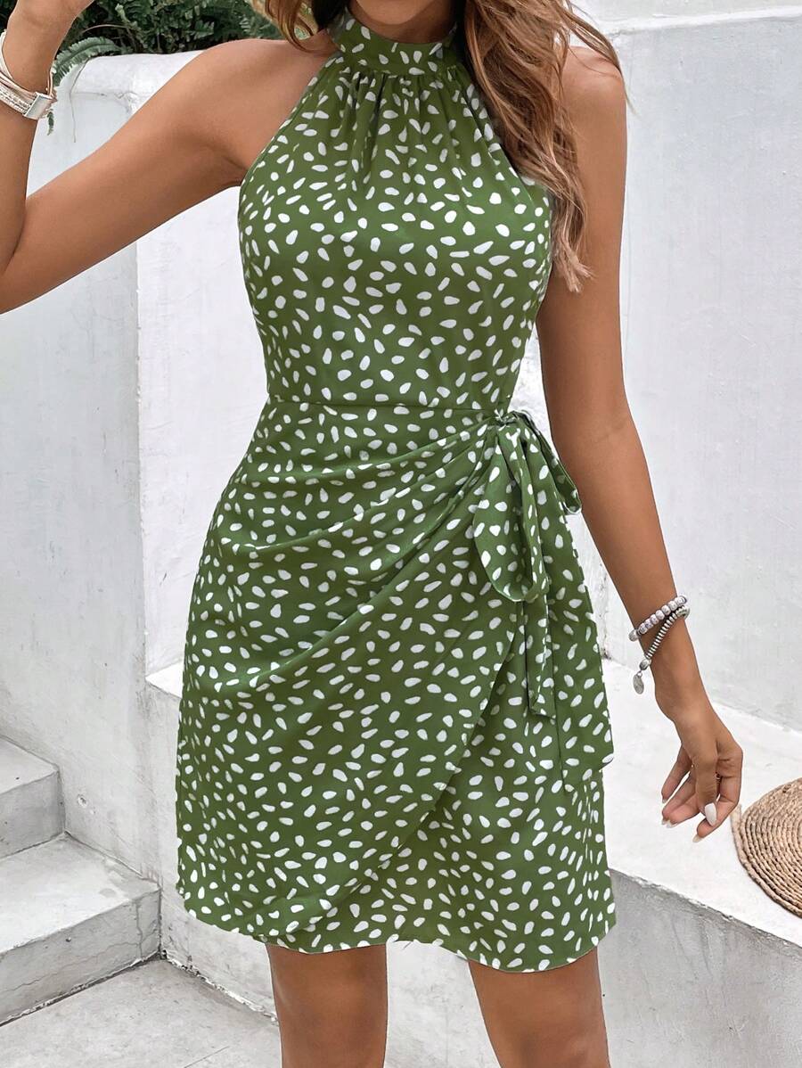 Vestido Curto Estampado Frente Única com Nó e Bainha Assimétrica - La Lecce