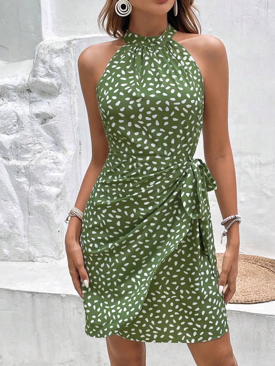 Vestido Curto Estampado Frente Única com Nó e Bainha Assimétrica - La Lecce