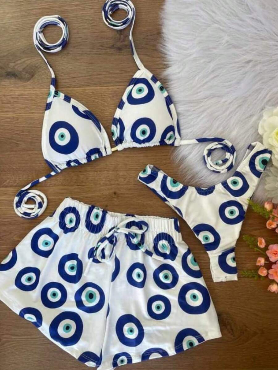 Conjunto de Biquíni 3 Peças com Estampa Tropical e Shorts